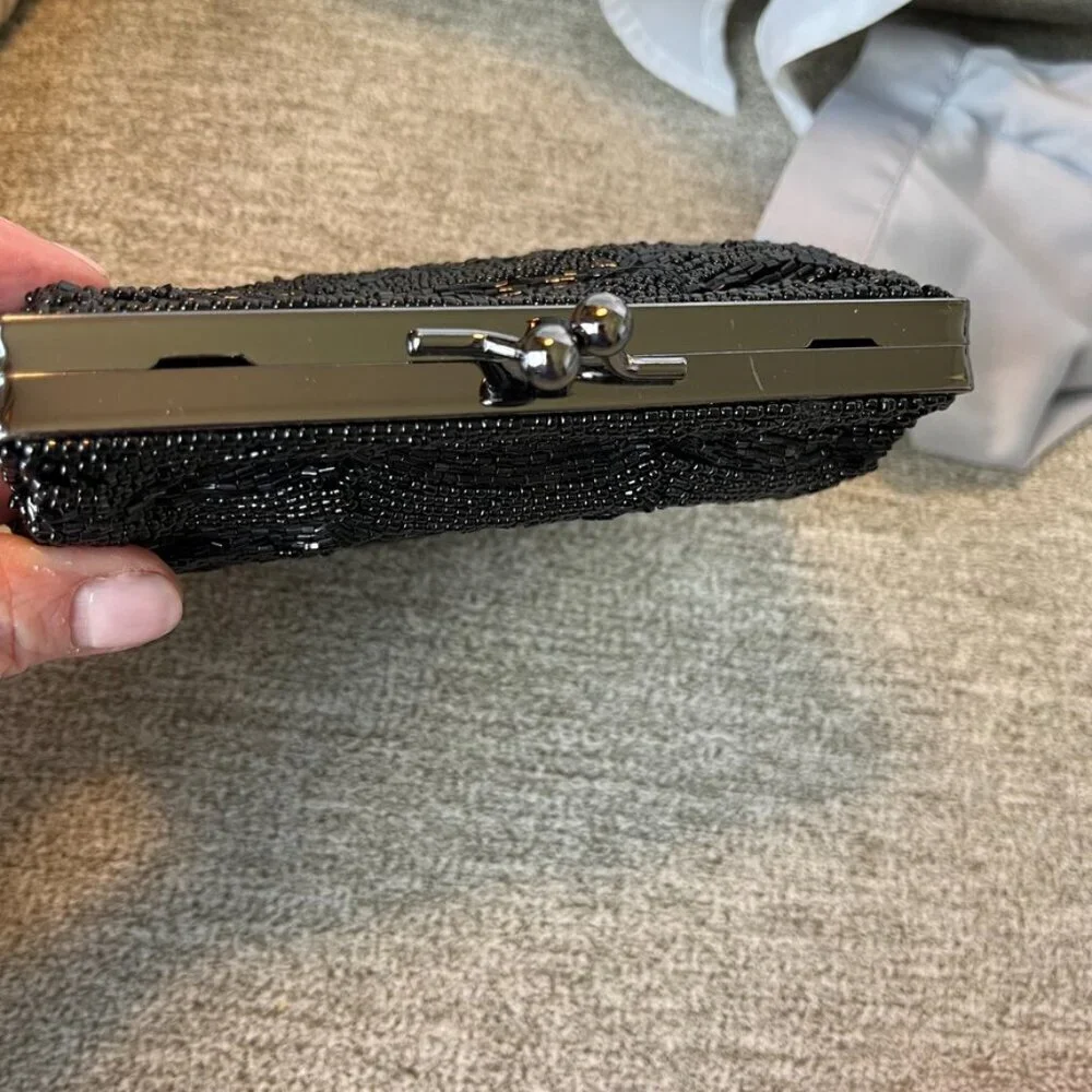 Carlo Fellini Black Formal Evening Bag Detailed Beadwork Clutch w  Chain NWT
